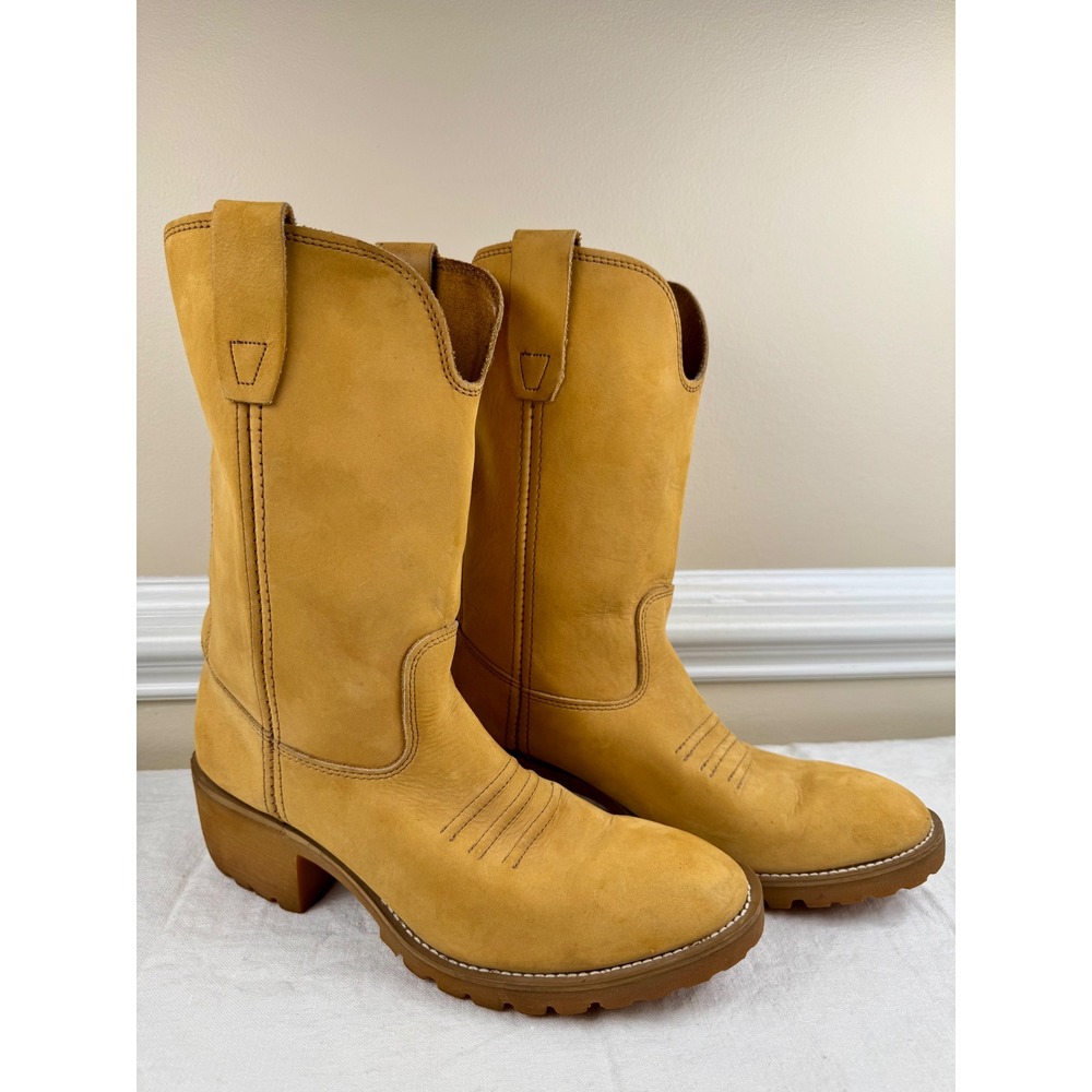 Vintage 70s Texas Steer Banana Leather Campus Boots Womens 7 M Lug Sole Western